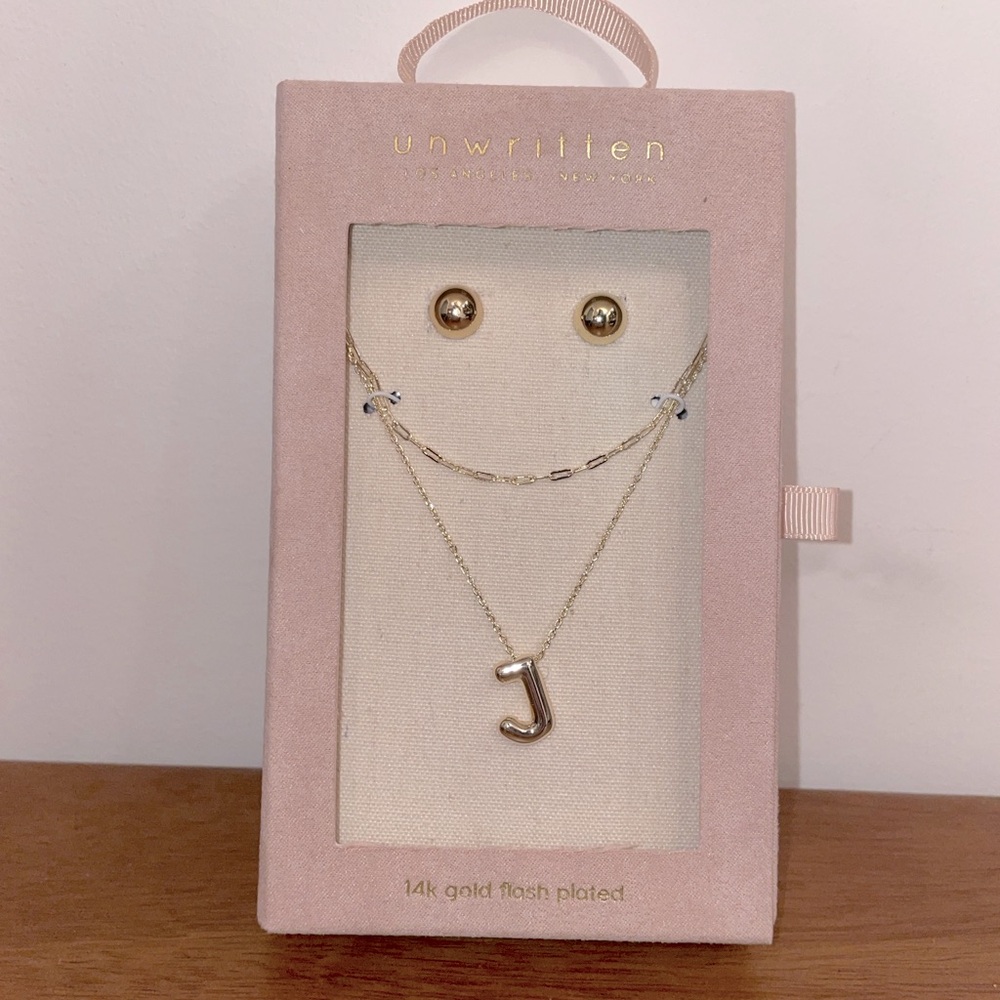 Letter J layered necklace and stud earring set